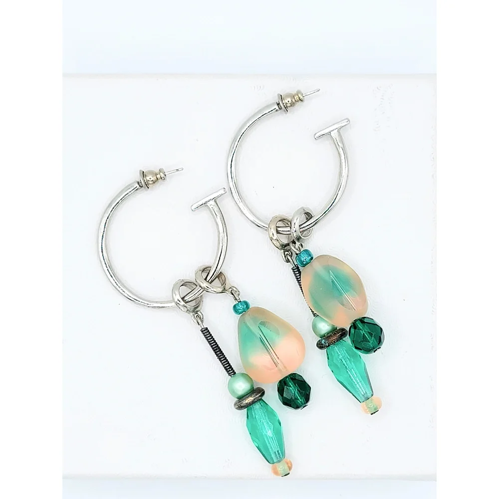 HMS Designs Czech Glass Beaded Hoop Dangle Earrings Vintage